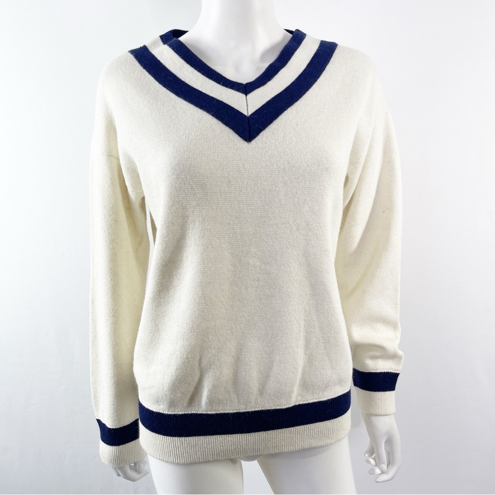 Mila Owen Women's Ivory Knit Pullover Sweater Sailor Stripe V-Neck Size F Large